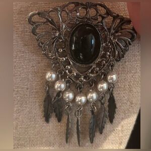 Vintage Silver-Tone Filigree Brooch with Black Stone & Pearl Dangles